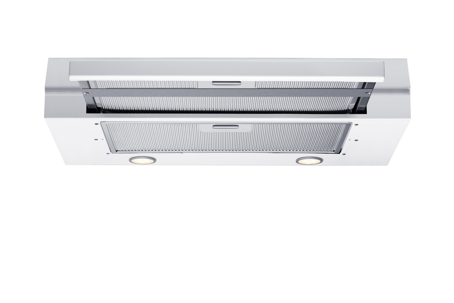 24 inch wide under cabinet retractable range hood for ductless use in white, made in the USA with power cord included